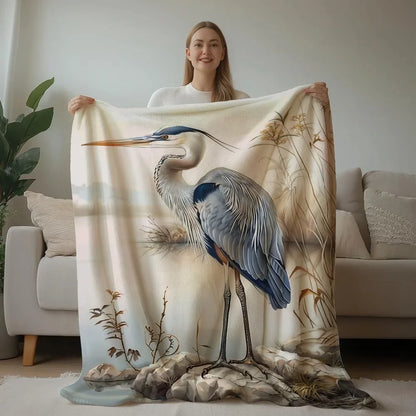 Extra Large 60"x80" Blue Heron Bird Print Flannel Throw Blanket - Soft Warm All-Season Luxury Bedspread with White Heron & Herons in Flight Design, Beige & Blue Nature Theme for Bed, Sofa, Couch - Machine Washable for Adults,
