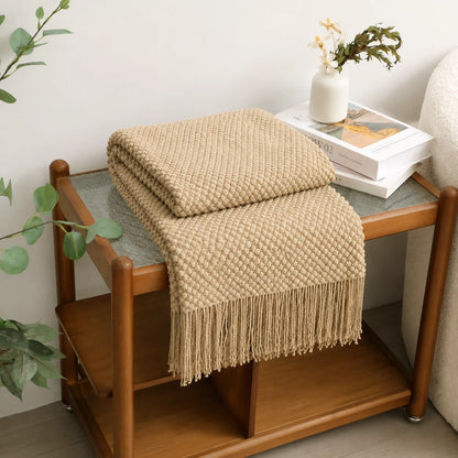 Cream Popcorn Bobble Textured Knit Throw Blanket with Tassel Fringe, Soft Knitted Decorative Blanket, Lightweight Cozy Cover for Couch Sofa Bed, Boho Farmhouse Home Decor for Living Room Bedroom