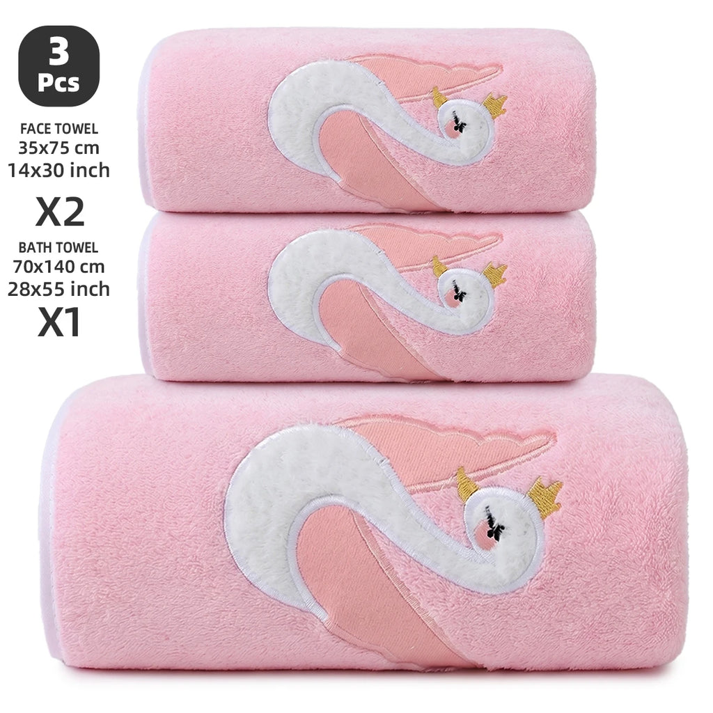 3-Piece Towel Set, 1 Bath Towel + 2 Hand Towels, Elegant Swan Embroidery