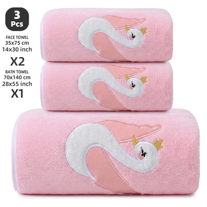 3-Piece Towel Set, 1 Bath Towel + 2 Hand Towels, Elegant Swan Embroidery