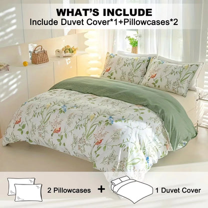 Floral & Bird Print Duvet Cover Set, 3-Piece, Breathable