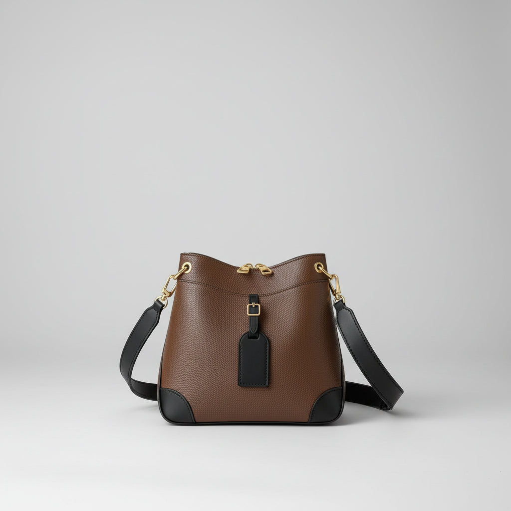 Two-Tone Grained Faux Leather Hobo Bucket Bag