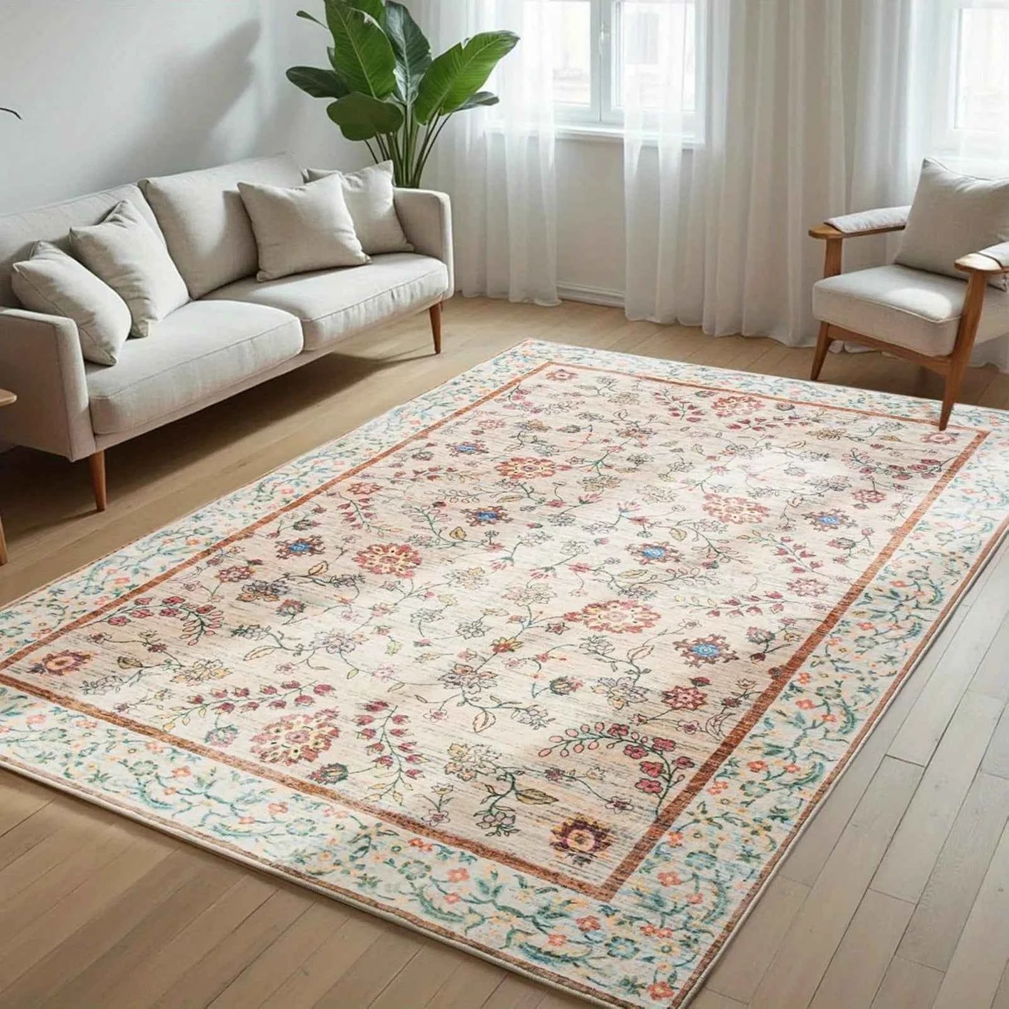 Living Room Carpet Non-slip Soft Machine Washable Floor Mat Bohemian Pink Floral Rug Bedroom Home Decoration Mats Washable Rugs
