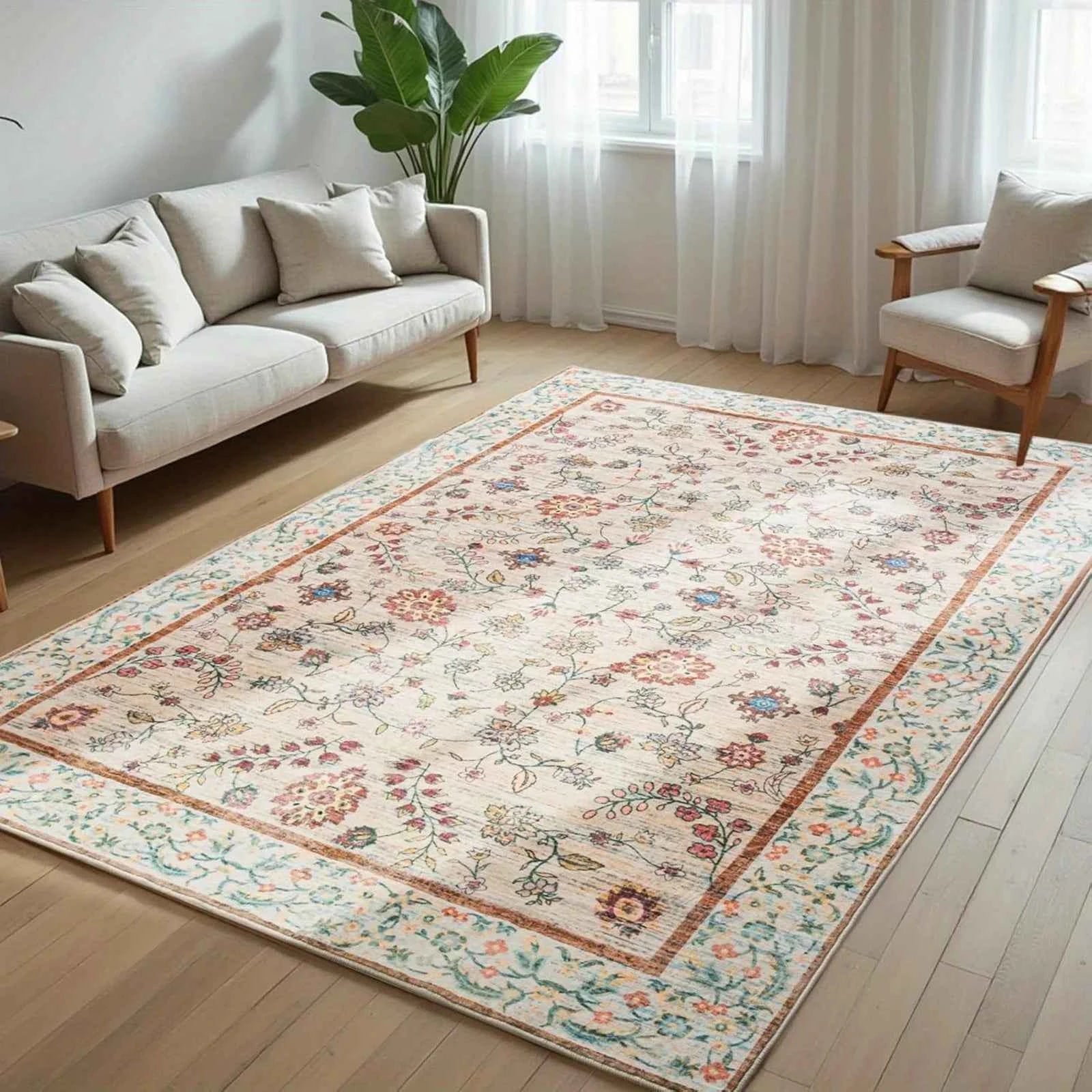 Living Room Carpet Non-slip Soft Machine Washable Floor Mat Bohemian Pink Floral Rug Bedroom Home Decoration Mats Washable Rugs