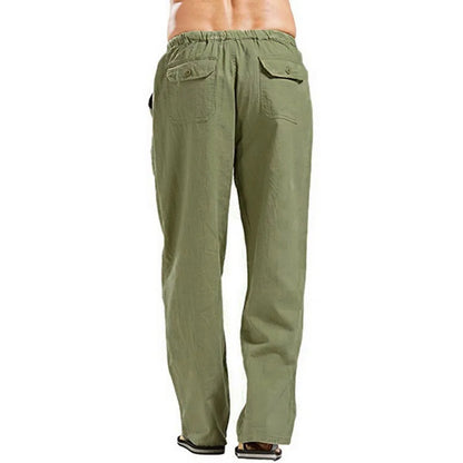 Men's Cotton Linen Pants — Solid Color Breathable Elastic Waist Casual Summer Trousers