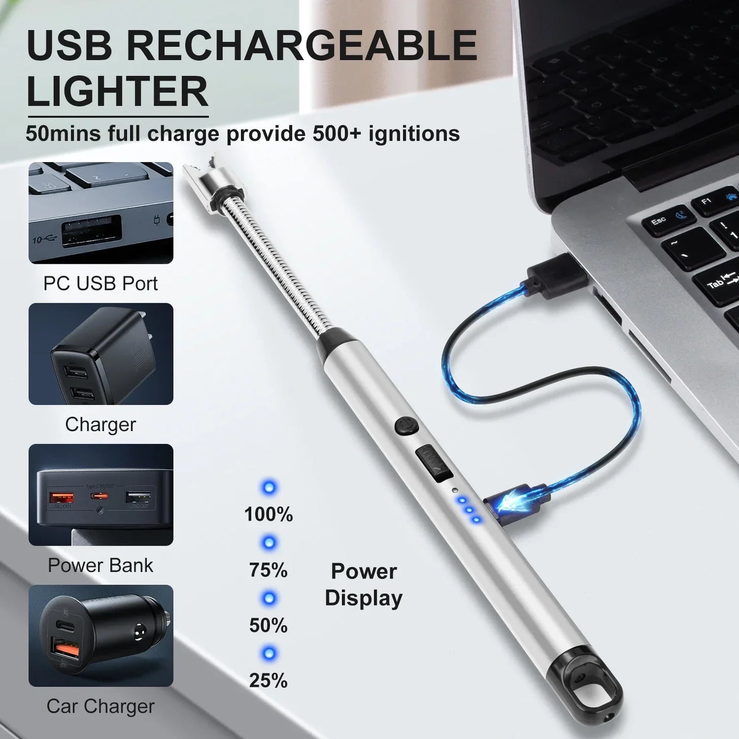 2 Pack Candle Arc Windproof Touch Lighter, USB Rechargeable Lighter with LED Battery Display, Gas Stove Long Lighters