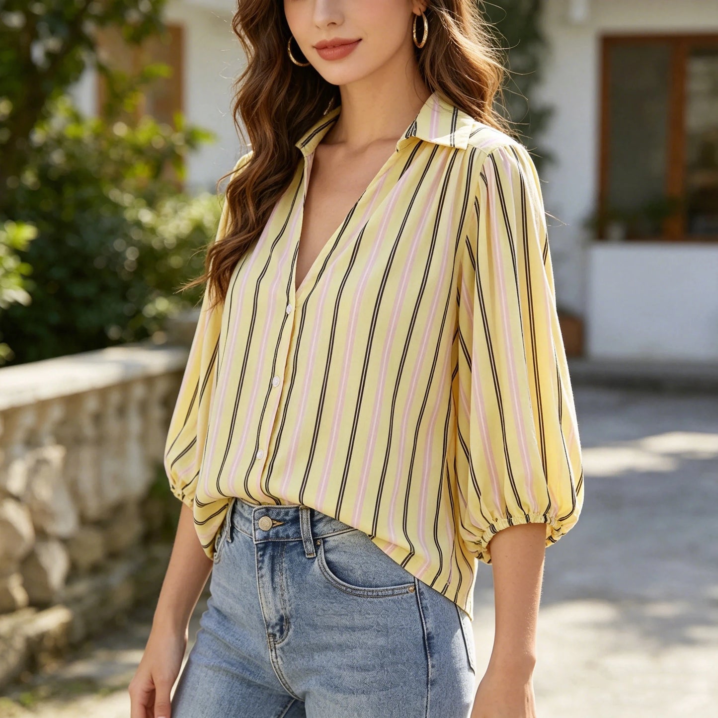 Women's Loose Fit Bubble Sleeve Blouse – Turn-Down Collar Casual Commute Summer Shirt
