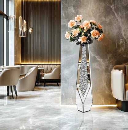 Tall Floor Mirror Vase, Large Crushed Diamond Glass Vase for Home Decor Modern Crystal Centerpiece for Living Room Wedding Hotel