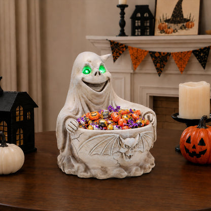 Halloween Ghost Candy Bowl with LED Glowing Green Eyes, Gothic Bat Resin Storage Dish, Spooky Tabletop Decor for Party Treats & Keys