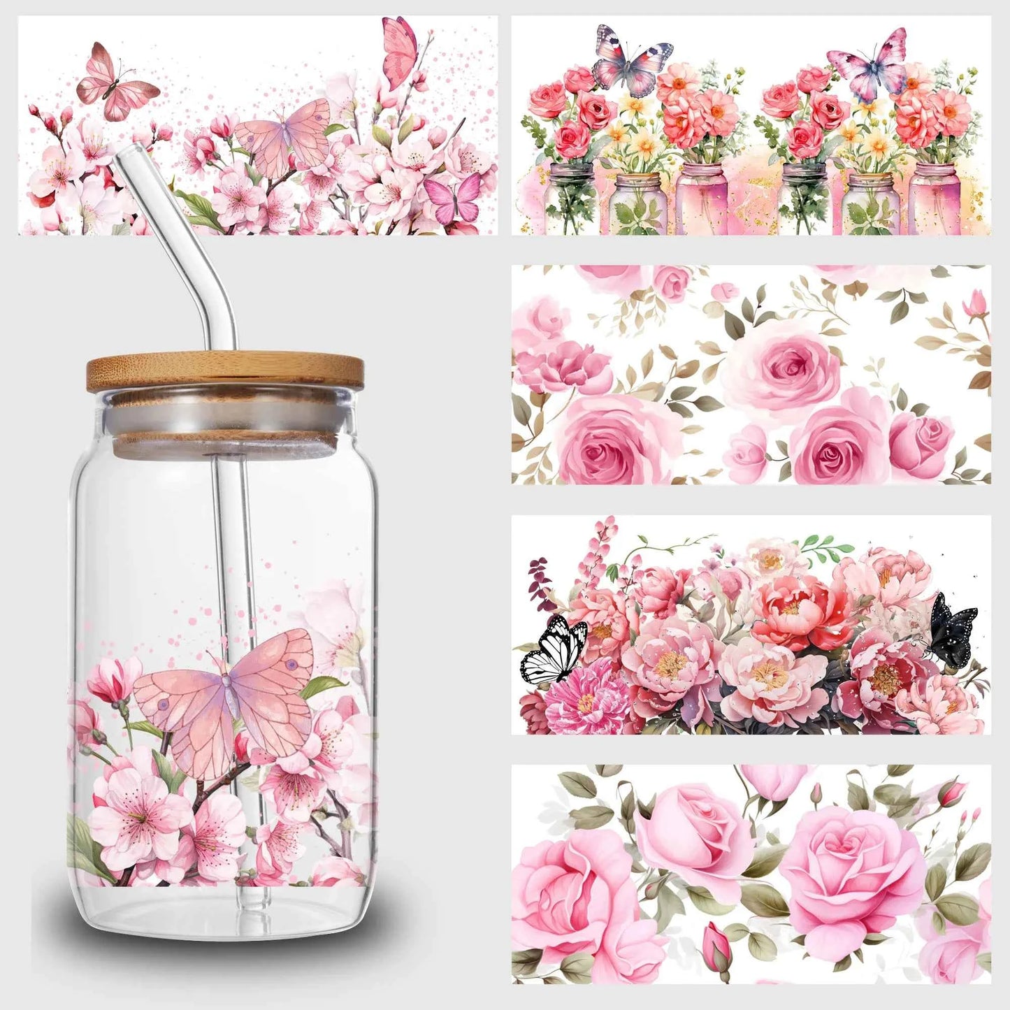 5 sheets flowers UV DTF Cup sticker, glass DTF transfer decal, beautiful butterfly waterproof wipe transfer paper