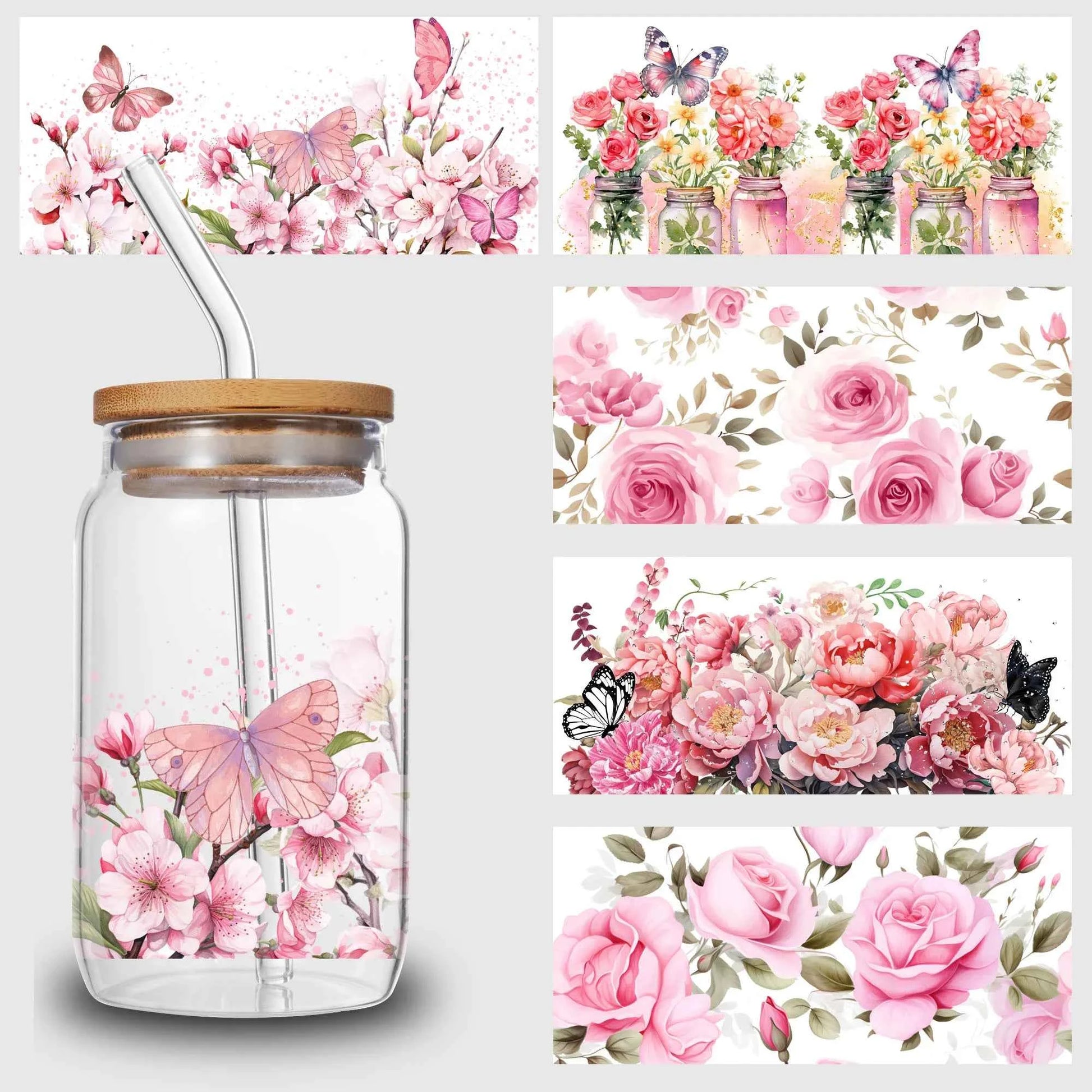 5 sheets flowers UV DTF Cup sticker, glass DTF transfer decal, beautiful butterfly waterproof wipe transfer paper