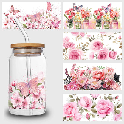 5 sheets flowers UV DTF Cup sticker, glass DTF transfer decal, beautiful butterfly waterproof wipe transfer paper