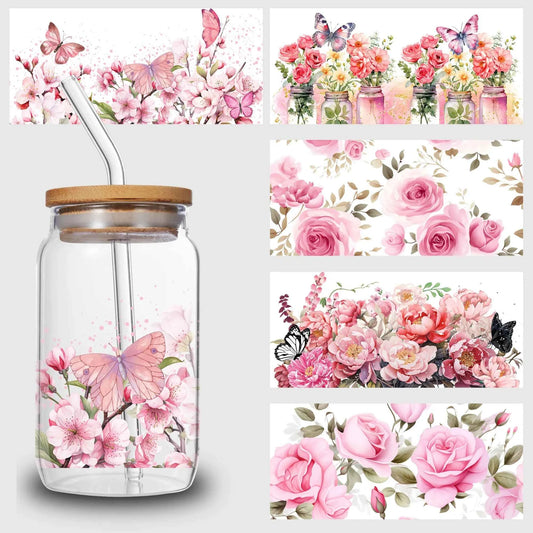 5 sheets flowers UV DTF Cup sticker, glass DTF transfer decal, beautiful butterfly waterproof wipe transfer paper