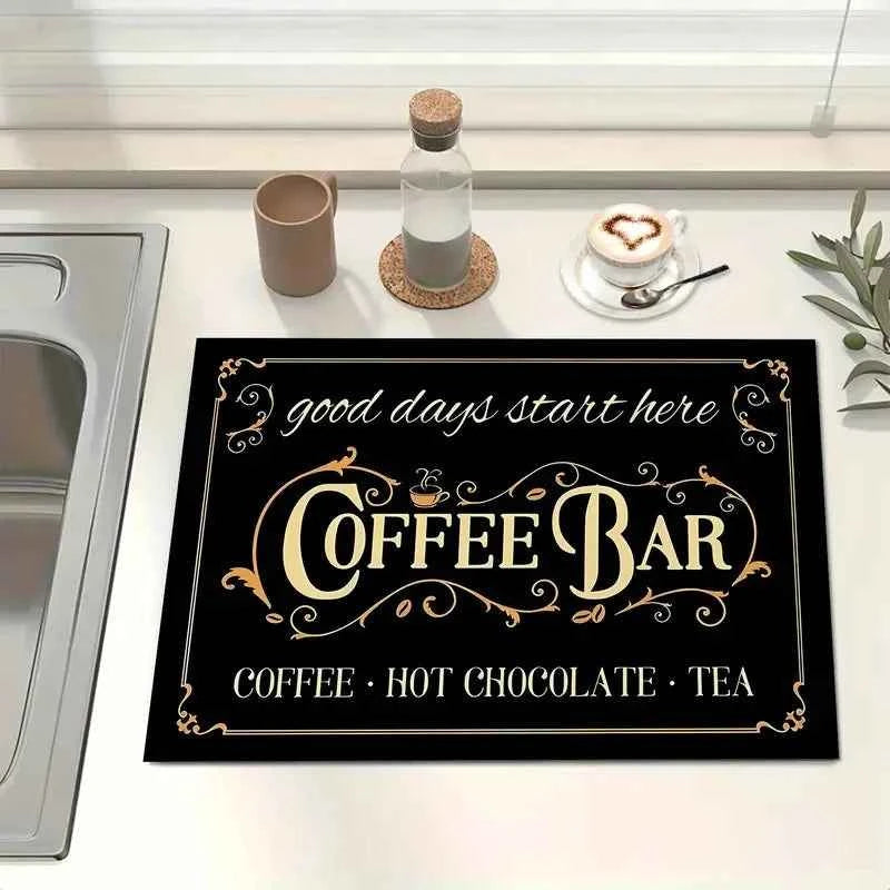 Creative Coffee Print Kitchen Drying Mat Soft Rubber Non-Slip Absorbent Stain-Resistant Mats for Coffee Bar Countertops Dish Mat