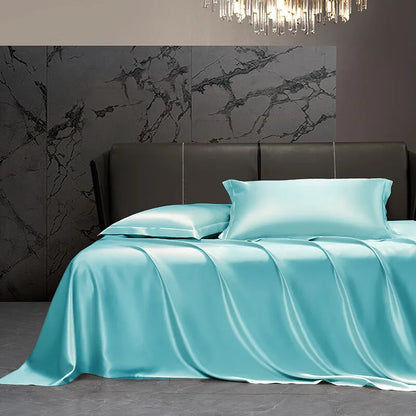 Solid 4pcs Silk Bedding Set with Duvet Cover Fitted/Flat Bed Sheet Pillowcase Bedspreads and Coverlets  Single Double Bedsheet