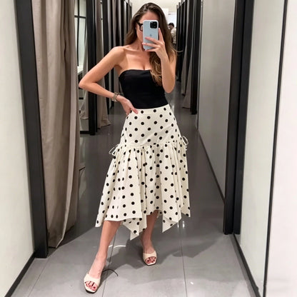 Women's Classic Polka Dot Midi Skirt – High Street Irregular Print Casual Skirt in White & Black
