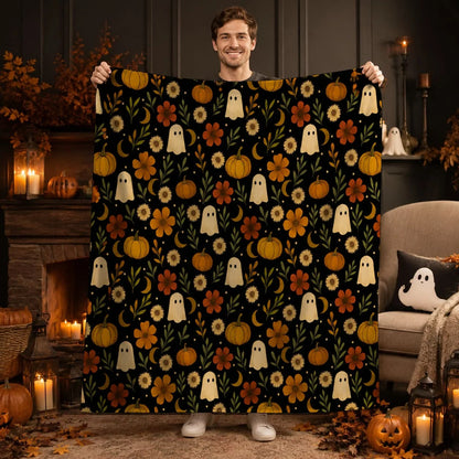 Halloween Ghosts and Pumpkins Velveteen Throw Blanket, Summerween Blanket