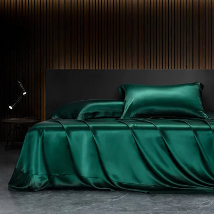 Solid 4pcs Silk Bedding Set with Duvet Cover Fitted/Flat Bed Sheet Pillowcase Bedspreads and Coverlets  Single Double Bedsheet