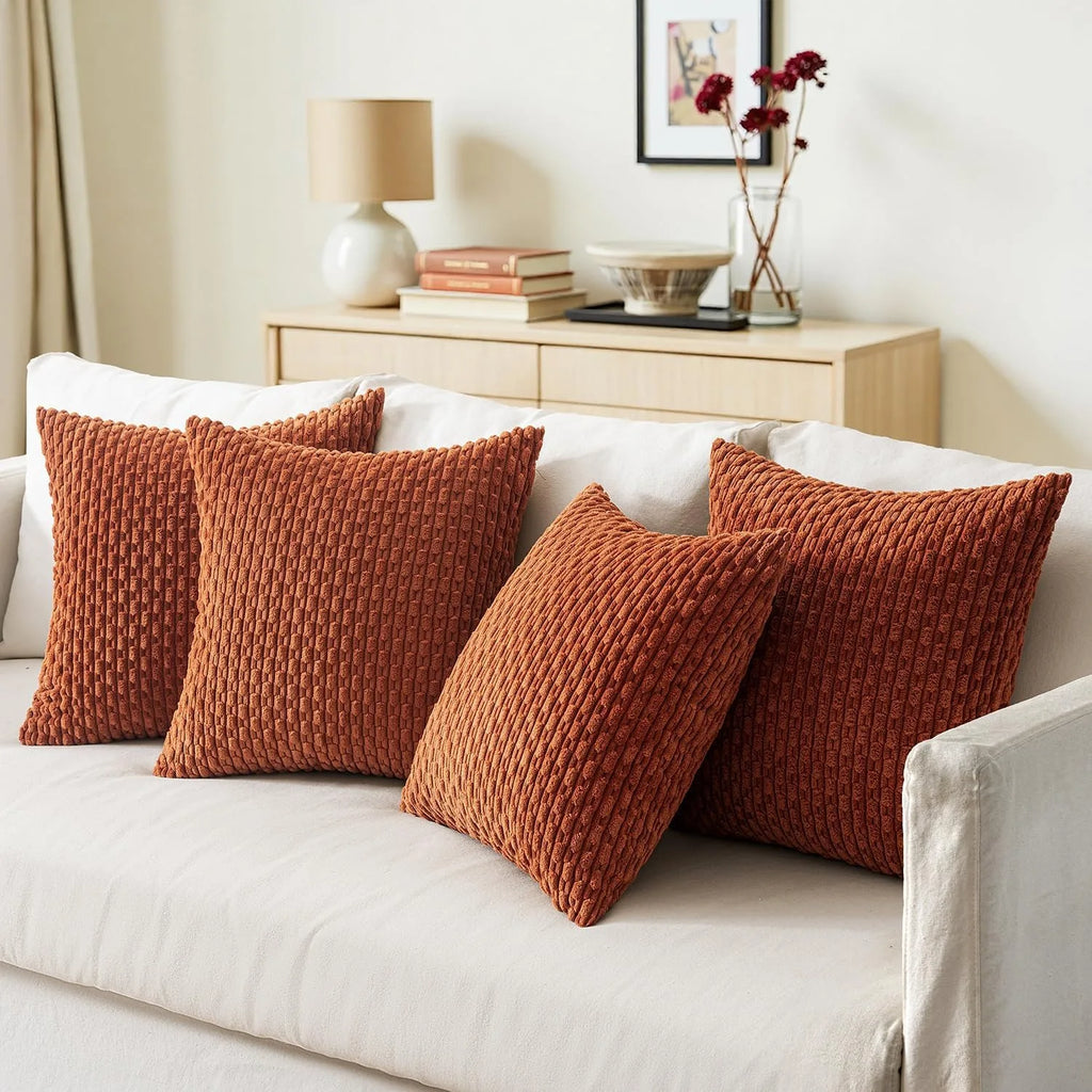 Burnt Orange Striped Corduroy Cushion Cover