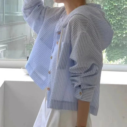 Women's Korean Chic Stripe Contrast Hooded Shirt — Loose Long Sleeve Sunscreen Top