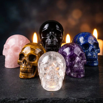 Natural Crystal Skull 2-3in Handmade Lapis Lazuli Obsidian Clear Quartz Labradorite Citrine Rose Quartz Tiger Eye Amethyst Skull Figurine Skull Carving High Quality Home Decor Desk Ornament Office Decor Room Decor Bedroom Dec