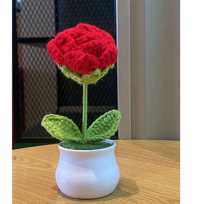 DIY Handwoven Mini Potted Flower Rose Office Desktop Ornamental Potted Plants Woolen Thread Finished Product Home Decoration