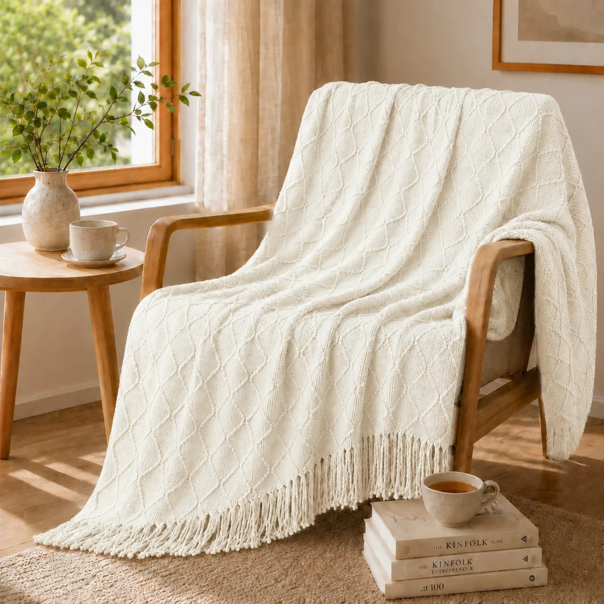 Sage Green Mixed Bobble Diamond Textured Knit Throw Blanket with Tassel Fringe, Soft Knitted Decorative Blanket, Lightweight Cozy Cover for Couch Sofa Bed, Boho Farmhouse Home Decor for Living Room Bedroom