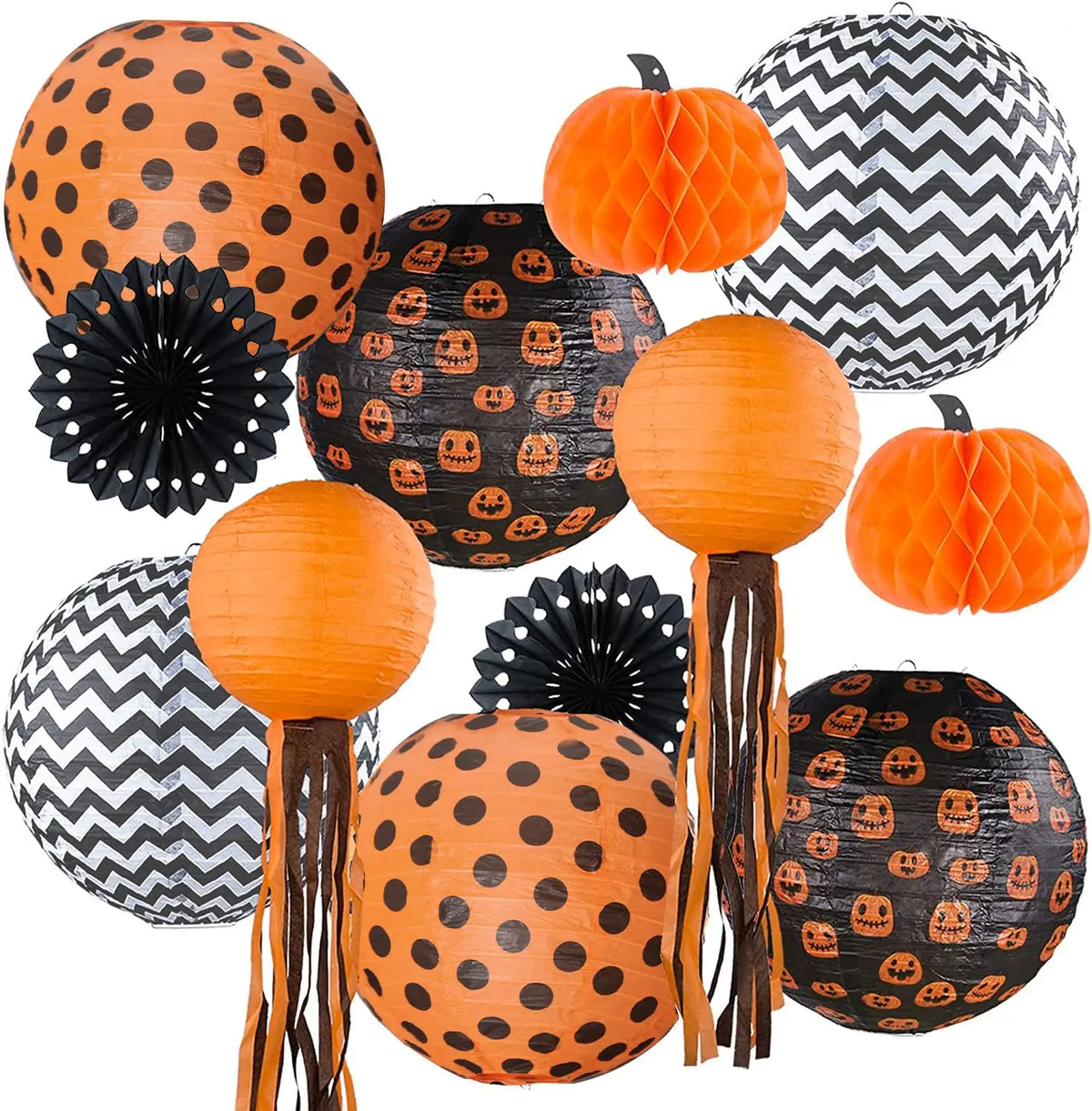 12 Pack Halloween Paper Lantern Pumpkin Set, Black Orange