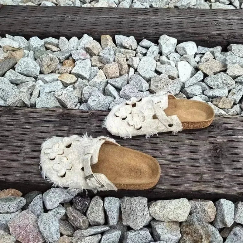 Women's Shoes 2025 New Summer Hollow Out Flower Slippers Retro Closed Toe Cork Platform Casual Clogs Shoes Women's Slippers