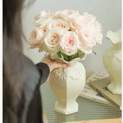 French Modern Ceramic Vase Living Room Hydroponic Flower Arranger Simple Embossed Vases Ornament Ваза Для Цветов Room Decor