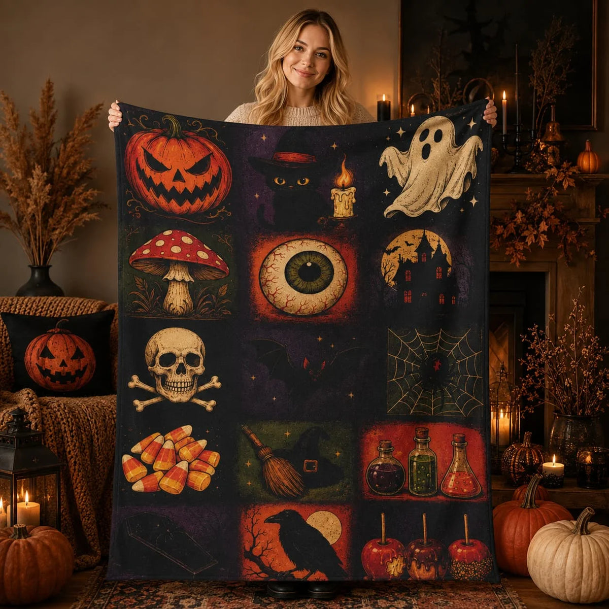 Vintage Spooky Halloween Patchwork Blanket Pumpkin Ghost Skull Gothic Room Decor Cozy Throw JDOH18