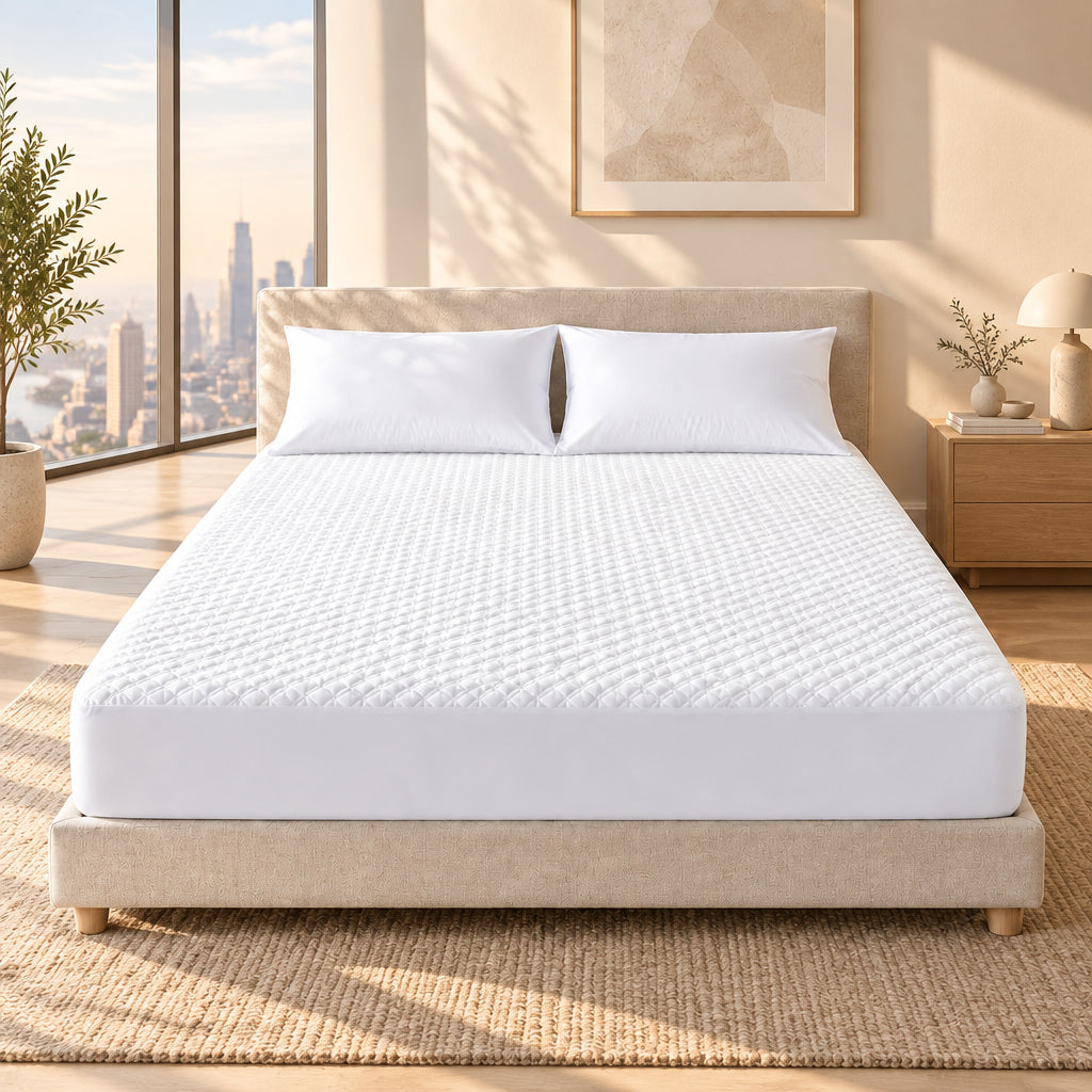 Solid Waterproof Fitted Sheet 15 Inch Deep Pocket Ultra Soft Elastic Bed Mattress Protector Cover Wrinkle‑Resistant Bed For Standard Size Beds