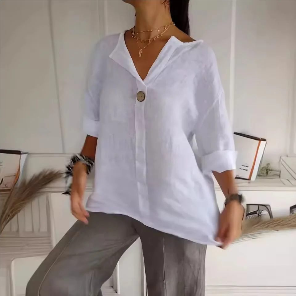VEITCHE Women's V-Neck Button Shirt — 3/4 Sleeve Cotton Linen Top