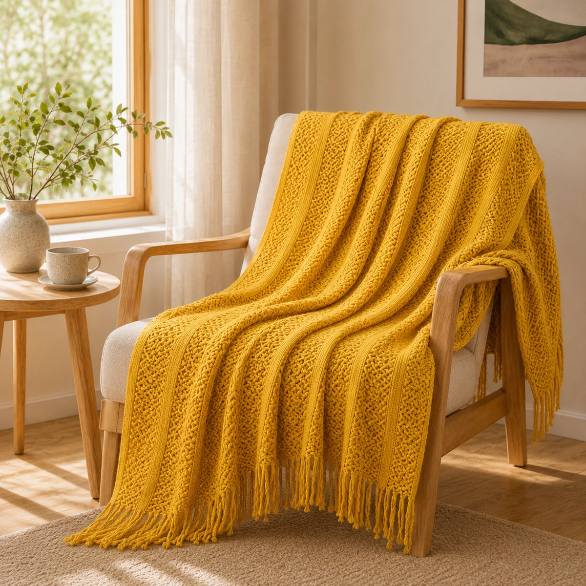 Sage Green Mixed Bobble Diamond Textured Knit Throw Blanket with Tassel Fringe, Soft Knitted Decorative Blanket, Lightweight Cozy Cover for Couch Sofa Bed, Boho Farmhouse Home Decor for Living Room Bedroom