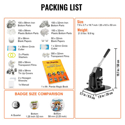 Badge Maker Machine 25+58MM/32+58MM DIY Button Pin with 500Pcs Free Parts Press Kit Circle Manufacture Button Tool