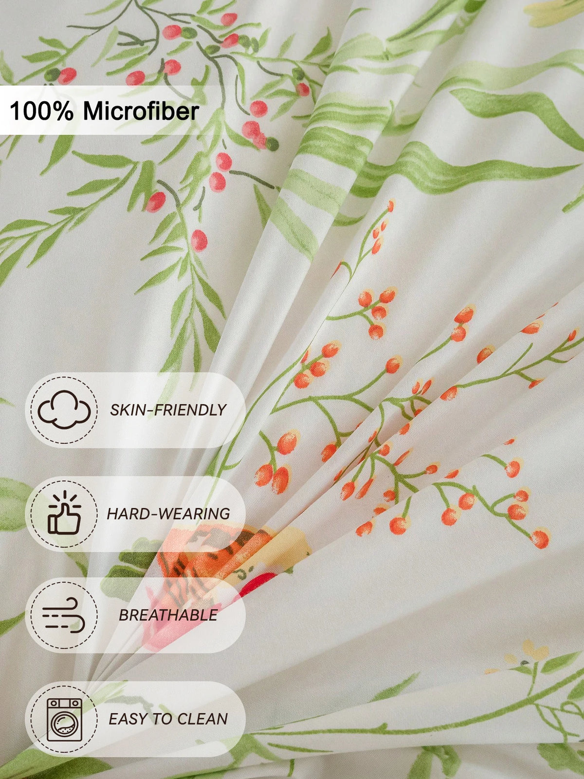 Floral & Bird Print Duvet Cover Set, 3-Piece, Breathable
