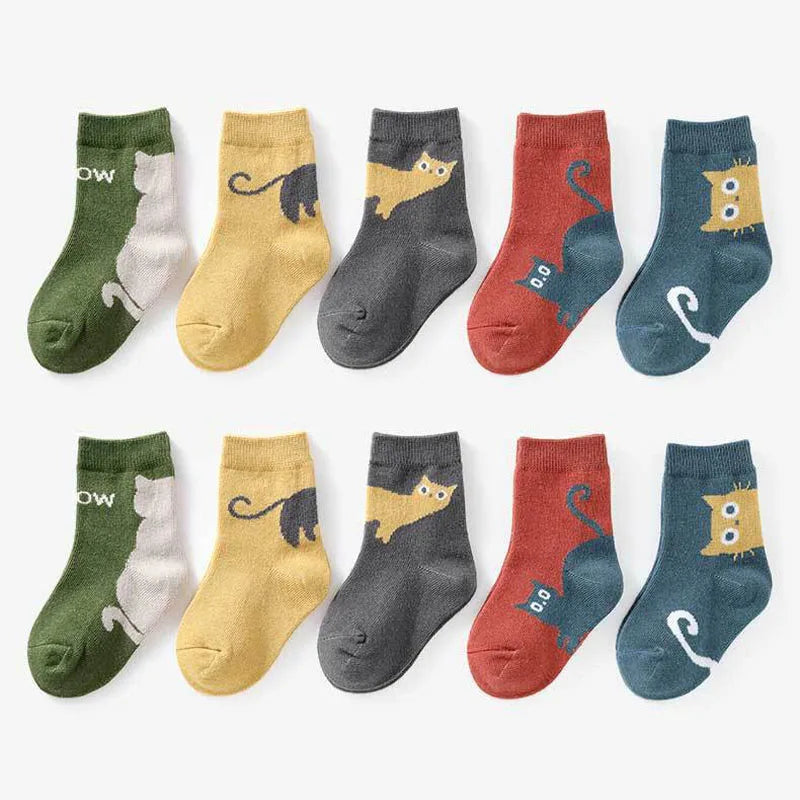 5 Pairs Kids Socks Cartoon Cat Pattern Comfortable Breathable Children Socks For Boys And Girls