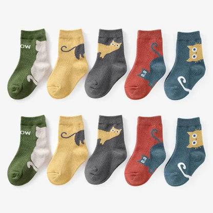5 Pairs Kids Socks Cartoon Cat Pattern Comfortable Breathable Children Socks For Boys And Girls