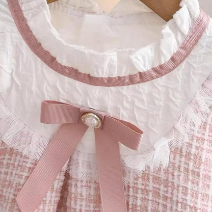 Girls Long Sleeve Loose Dress with Round Neck Bow