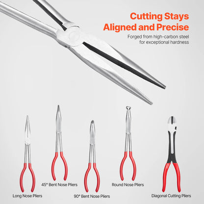 5-Piece Needle Nose Pliers 11in Long Needle Nose Pliers Set Diagonal Cutting Pliers 45°/90° Bent Round Nose Plier