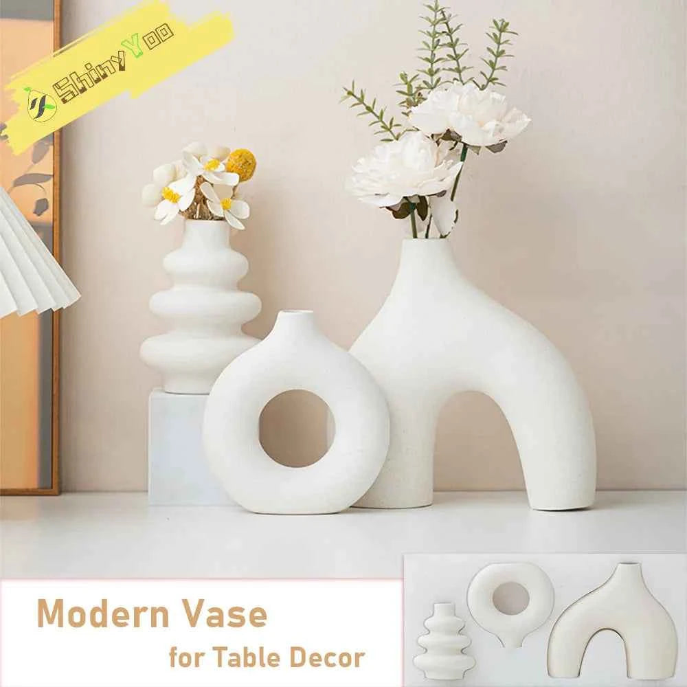 White Vase Home Decor Set of 3 Modern Vase for Table Decor, Nordic Flower Ceramic Vases for Bookshelf,  Entry Way, Dining Desk
