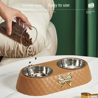 Bow-tie Ceramic Double Pet Bowl – Stainless Steel Food & Water Feeder for Dogs & Cats
