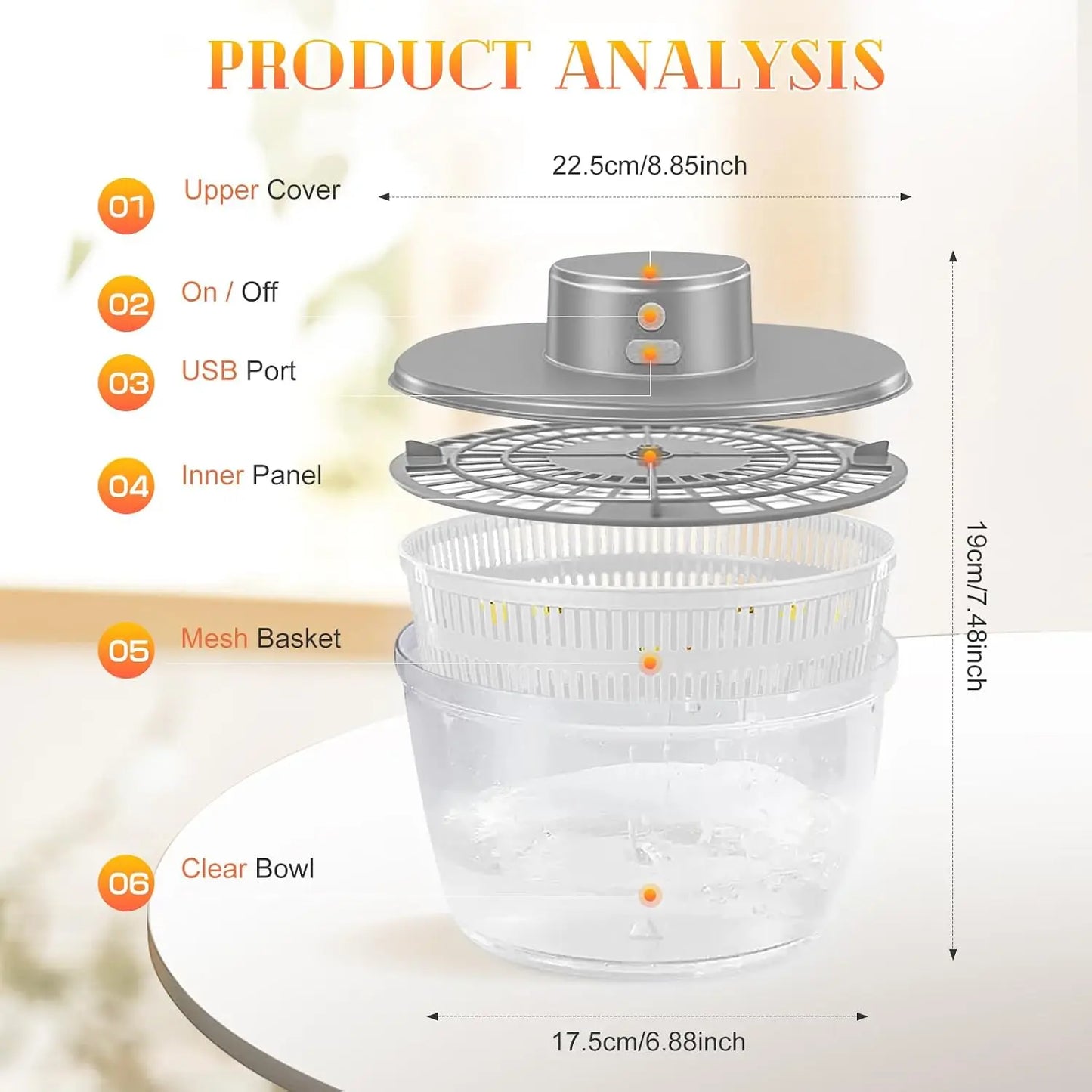 4L USB Rechargeable Electric Salad Spinner and Veggie Dryer