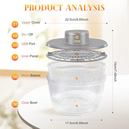 4L USB Rechargeable Electric Salad Spinner and Veggie Dryer