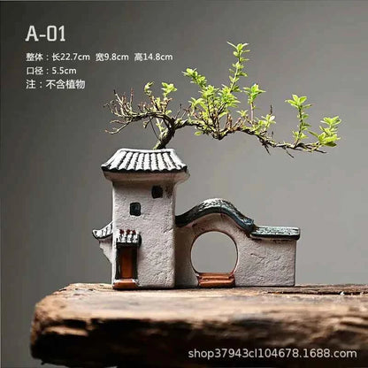 Courtyard Modelling Ceramic Flower Pots Huizhou Architectural Bamboos Pot Planting Pots Fish Tank Aquascape Ornament Decorations