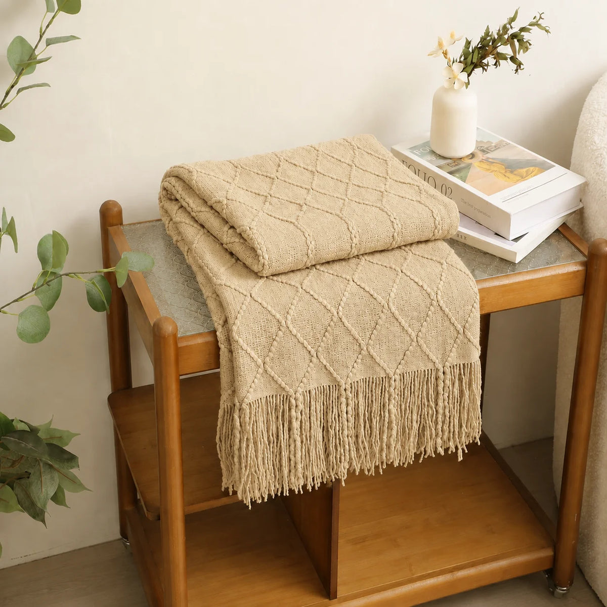 Cream Popcorn Bobble Textured Knit Throw Blanket with Tassel Fringe, Soft Knitted Decorative Blanket, Lightweight Cozy Cover for Couch Sofa Bed, Boho Farmhouse Home Decor for Living Room Bedroom