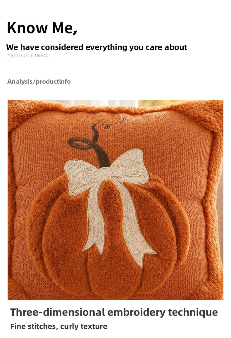 3D Plush Pumpkin Throw Pillow with Bow, Fall Decor