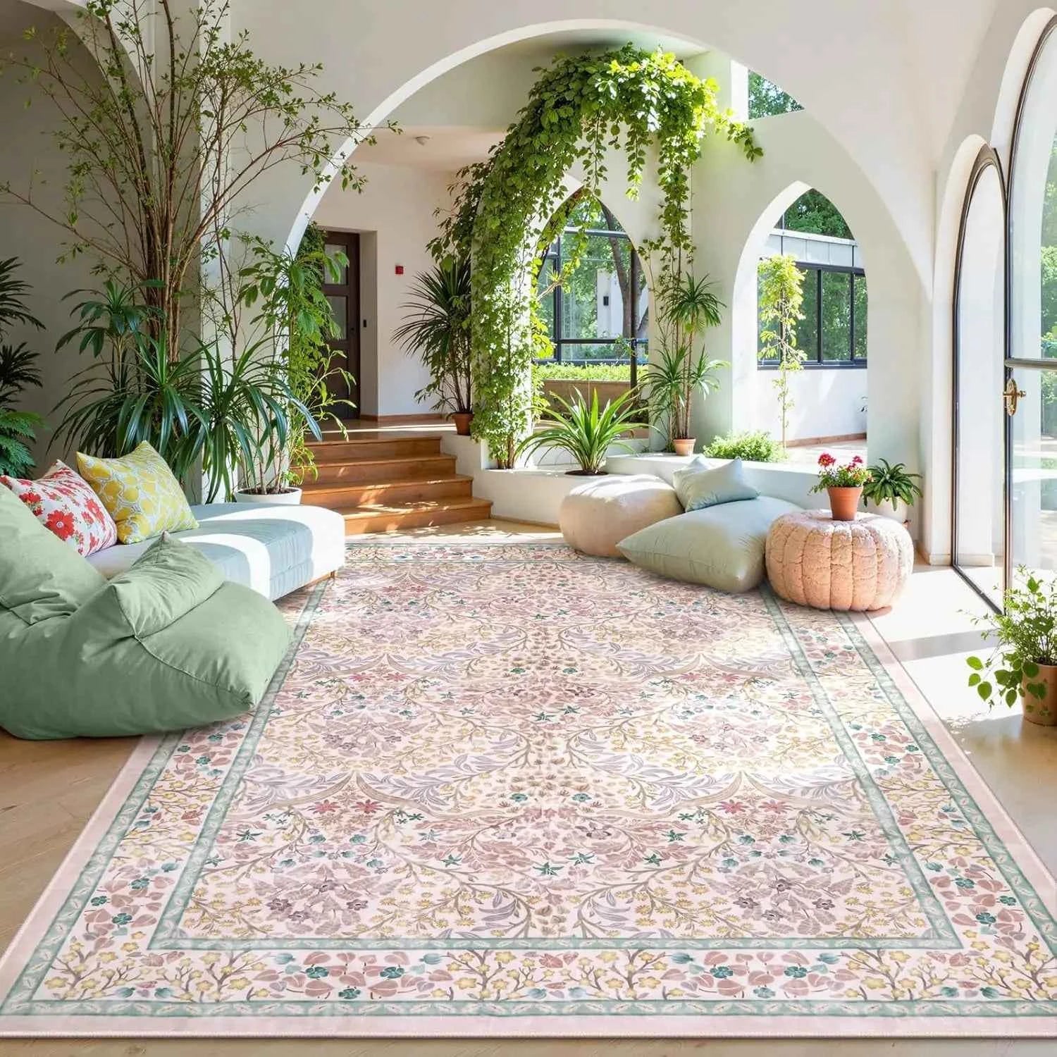 Pink Living Room Carpet Large Machine Washable Carpets Bedroom Bedside Floor Mat Home Decoration Bohemian Flower Non-Slip Rug 카펫