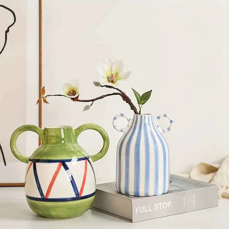 Hand-Painted Ceramic Vase with Dual Handles - Striped, Cylinder Design for Living Room Decor, Earthenware, Decorative Ornaments