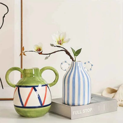 Hand-Painted Ceramic Vase with Dual Handles - Striped, Cylinder Design for Living Room Decor, Earthenware, Decorative Ornaments